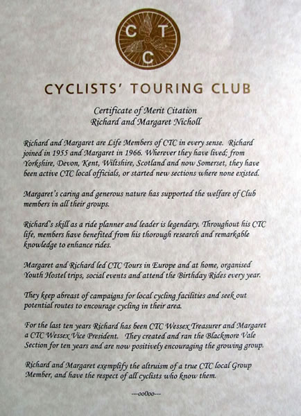 Certificate of Merit Citation from the Cyclists' Touring Club