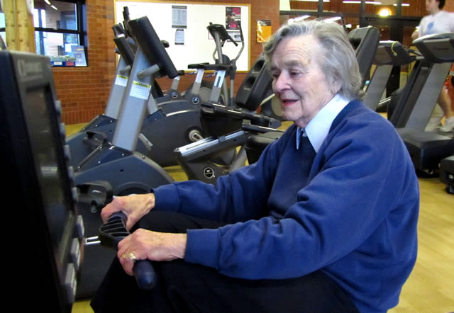 Jean Peter, 81, using a rowing machine at Wincanton Sports Centre