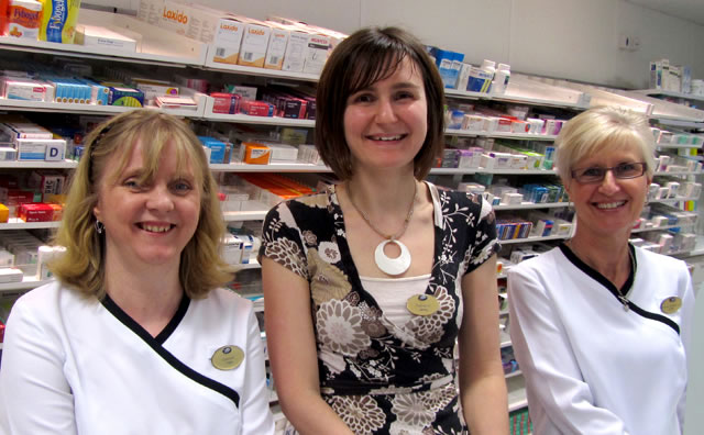Pharmacist Jenny Cox with her two dispensers, Tess Rawlings (left) and Linda Butt (right)