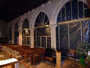 Polythene screen partitions in Wincanton Parish Church during roof repairs