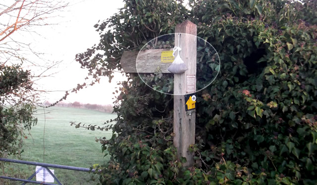 A bag of dog poo, hung on a public footpath signpost. Marvelous.