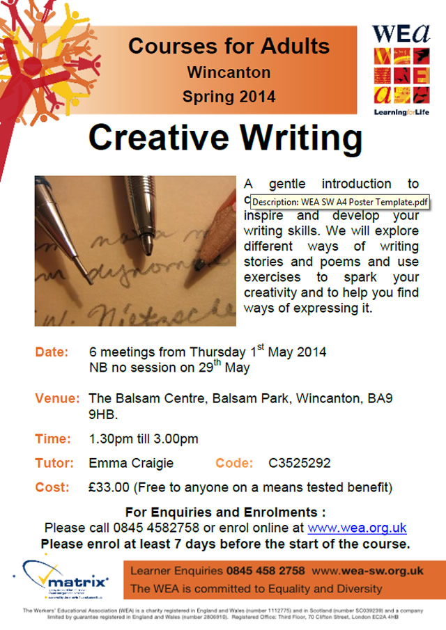 Creative Writing course at The Balsam Centre poster