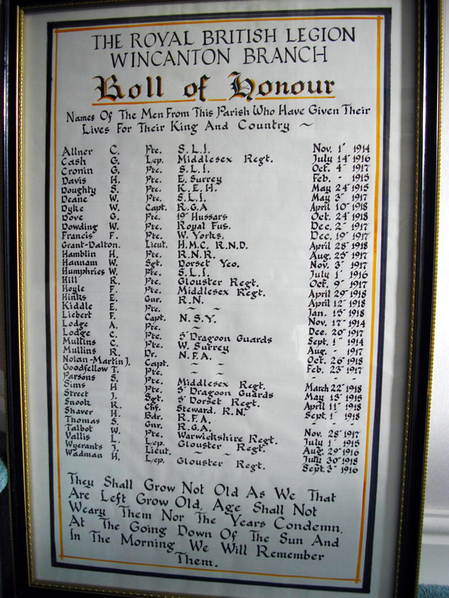 The Royal British Legion Wincanton Branch Roll of Honour
