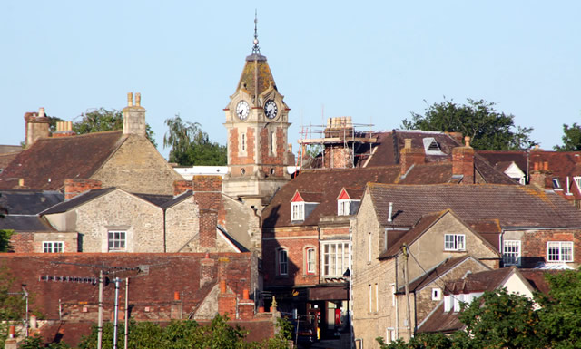 Wincanton roof tops and Town Hall clock tower