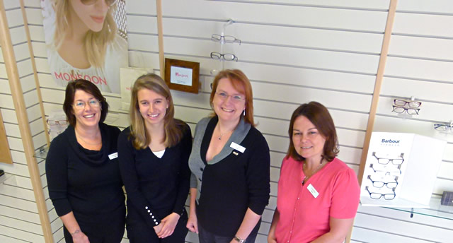 Left to right: Anita, Dispensing Optician, Catherine, Receptionist, Sarah, owner and Optometrist, Helen, Practice Manager