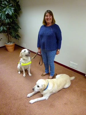 Christine Dean with her new Guide Dog, Jodie (in the harness) and her retired Guide Dog, Darsy chillin' on the floor.