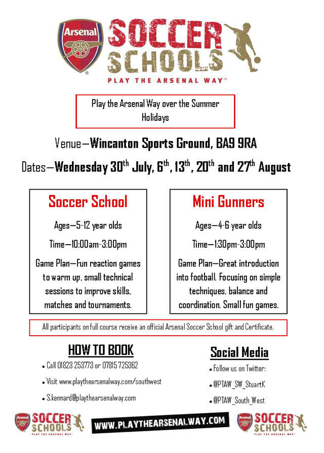 A poster for Arsenal Soccer School at Wincanton Sports Ground, Summer 2014