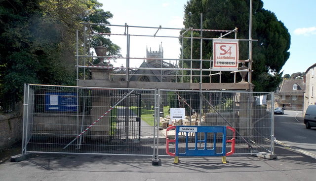 Scaffolding on the entrance gateway to the Wincanton Parish Church of St Peter and St Paul
