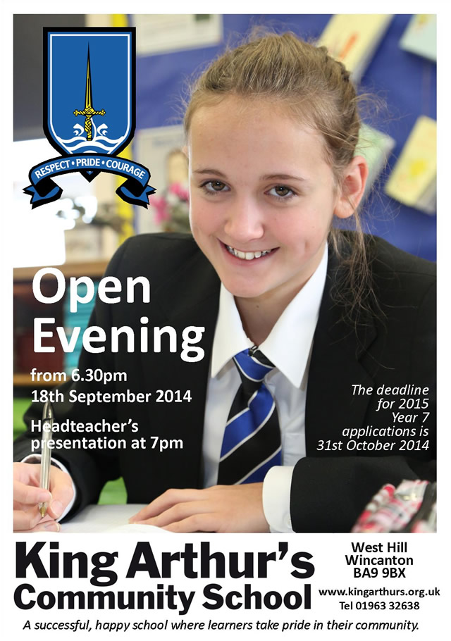 King Arthur's Community School Open Evening 2014 poster
