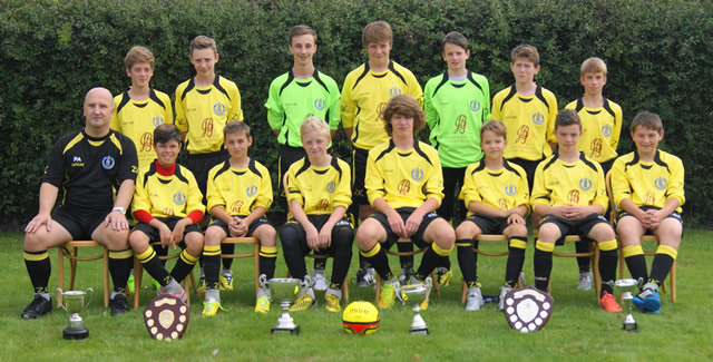 Wincanton Town Football Club Youth Section wearing their new kit, with trophies they won last season