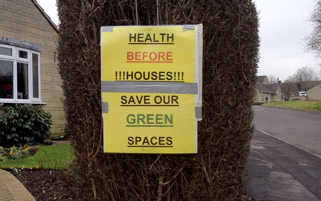 Save Our Green Spaces poster outside a residence on Dancing Lane, Wincanton