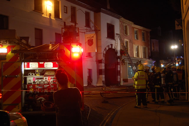 Fire crews responding to a chimney fire at The Bear Inn, Wincanton, on Christmas Eve 2015