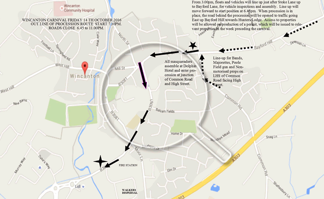 A map of the procession route of Wincanton Carnival 2016