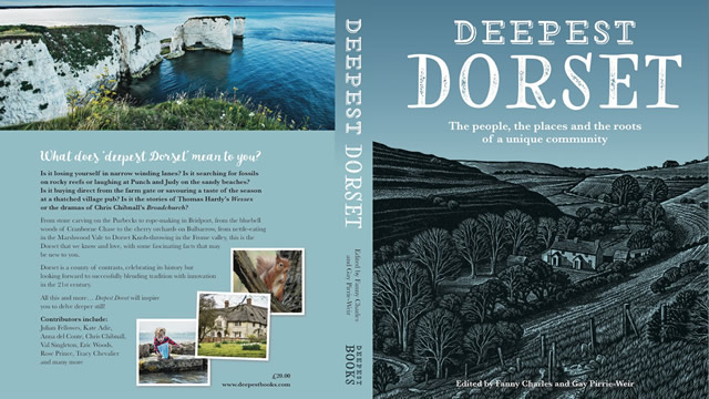 The cover of Deepest Dorset; front cover, Winspit, wood engraving by Howard Phipps