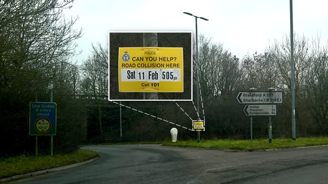 The accident witness appeal sign at Anchor Hill roundabout