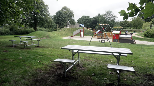 The shiny new picnic benches in the Cale Park play area
