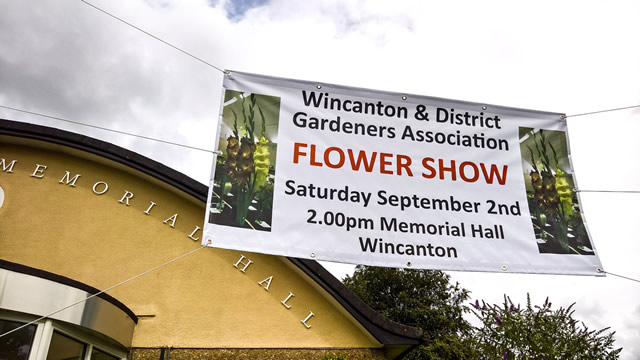 The Wincanton Gardeners' Association Flower Show 2017 banner outside Wincanton Memorial Hall
