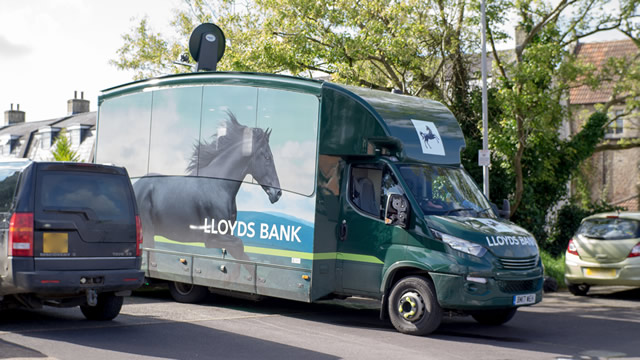 Lloyds' mobile branch, parked in the Wincanton Memorial Hall overflow car park