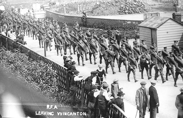 Soldiers of the Royal Field Artillery marching down to Wincanton Station to leave for the front in the First World War.