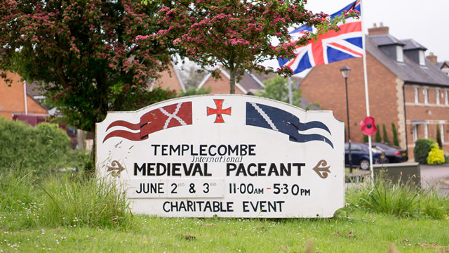 The Templecombe Medieval Pageant sign board ast the south end of the village
