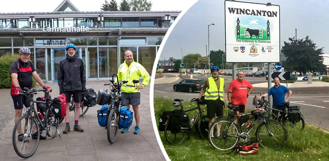 The Lahnau twinning cyclists before they set off, and when they arrived.
