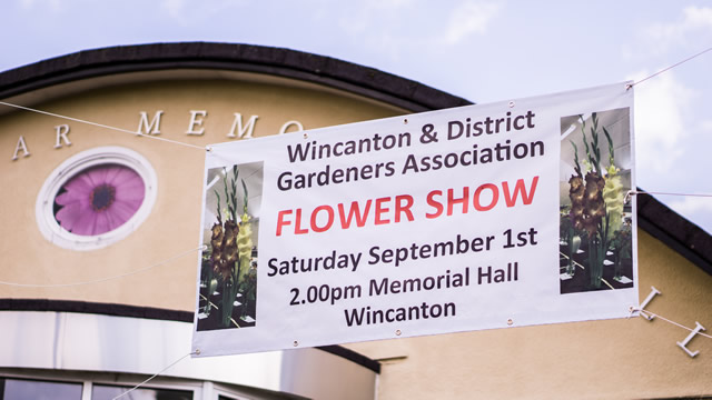 Wincanton & District Gardeners Association Flower Show banner outside Wincanton Memorial Hall