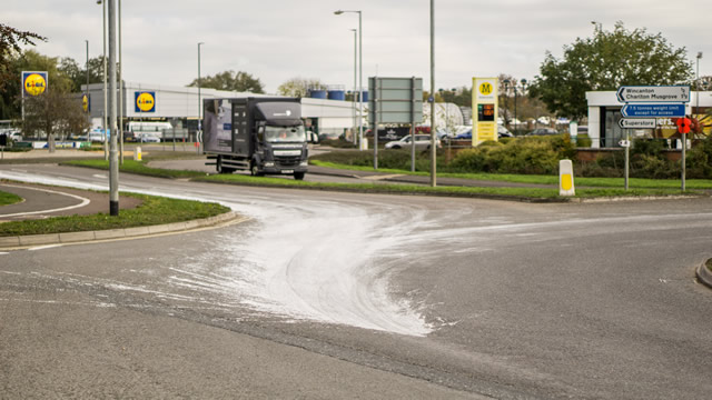 White emulsion paint spillage on the A303 roundabout in Wincanton