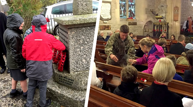Placing wreaths at the Horsington War Memorial, and a WWI soldier silhouette in St John's Church