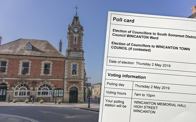 Wincanton Town Hall, and a 2019 local elections polling card