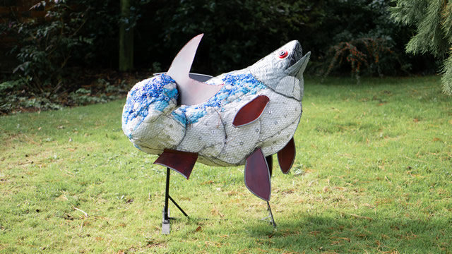 The plastic bag fish sculpture in the garden of the Greening the Earth gallery in Wincanton