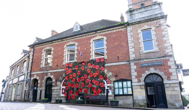 The 2019 Remembrance poppy display outside Wincanton Town Hall