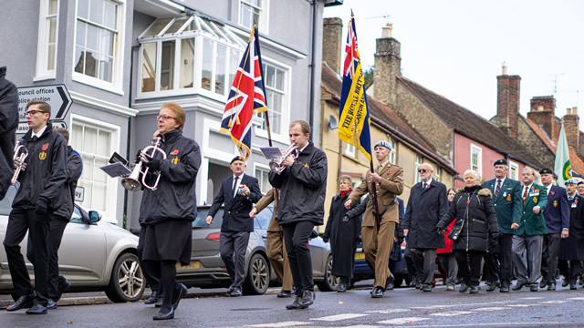 Royal British Legion Standard and the Union Jack carried by members of 1 Regiment Army Air Corp in the Wincanton 2019 Remembrance Parade