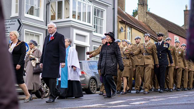 Town and district councillors, and 1 Regiment Army Air Corp marching in Wincanton's 2019 Remembrance Parade