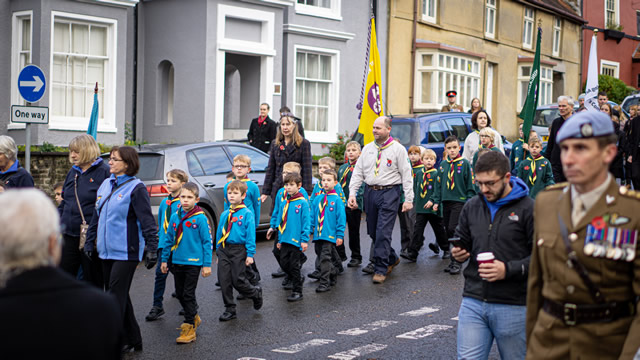 Wincanton Beavers and Scouts marching in the 2019 Remembrance Parade