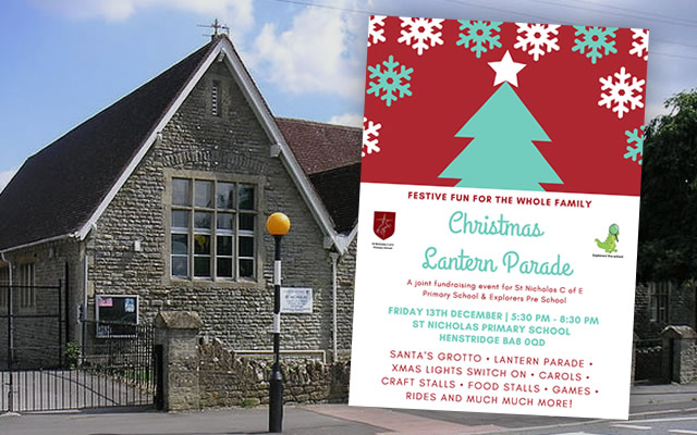 Christmas fair lantern parade poster in front of St Nicholas Church of England Primary School, Henstridge