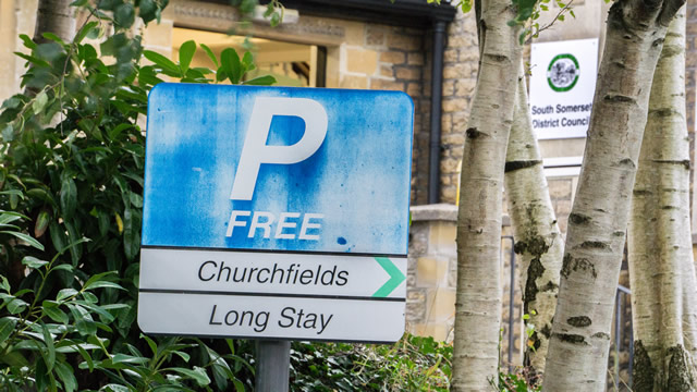The free parking sign at Wincanton's Churchfields car park, outside the SSDC offices building