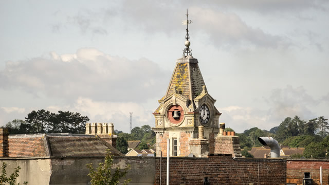 Wincanton's Town Hall clock tower from an unusual angle