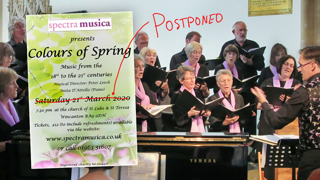 Spectra Musica's spring 2020 concert poster over the choir performing
