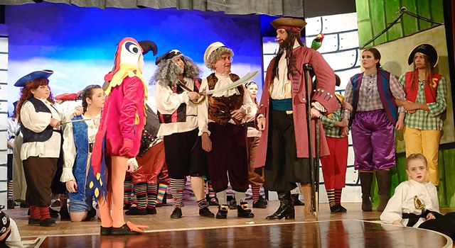 Wincanton Amateur Dramatic Society performing Treasure Island on stage in Wincanton Memorial Hall