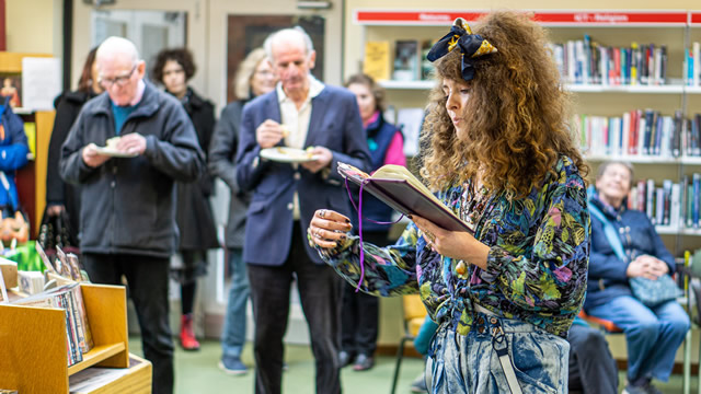 Samantha Stocker-Harding performing her original rap-poetry in Wincanton Library for Wincanton Book Festival 2020
