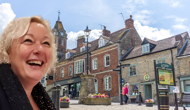 Mayor of Wincanton, Councillor Shelbourn-Barrow, superimposed on a photo of Market Place
