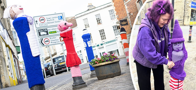 Wincanton Town Councillor Vicky Vagg and a few of her knitted creations at Market Place