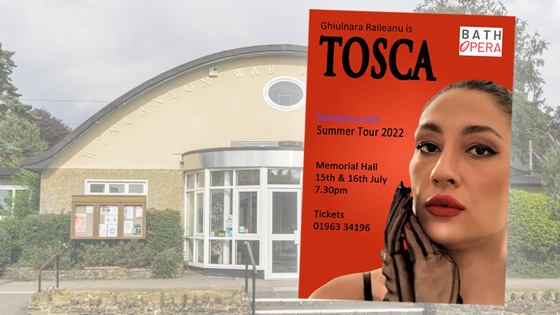Bath Opera's Tosca poster over Wincanton Memorial Hall