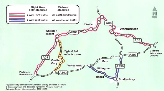 Map of alternate A303 routes during closure