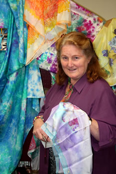 Margaret Kelly exhibiting her silk paintings
