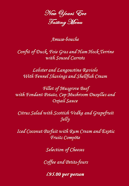 Holbrook House New Year's Eve menu