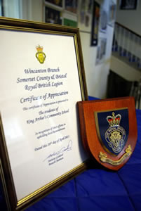 Wincanton Branch Certificate of Appreciation and shield awarded to KA