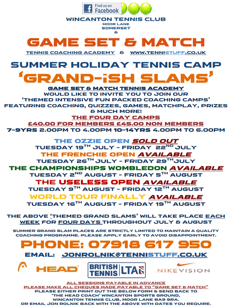 Wincanton Tennis Club Summer Holiday Tennis Camp poster