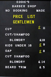 Eddy's price list board