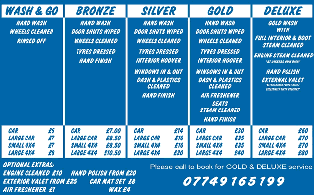 Hand car wash price list